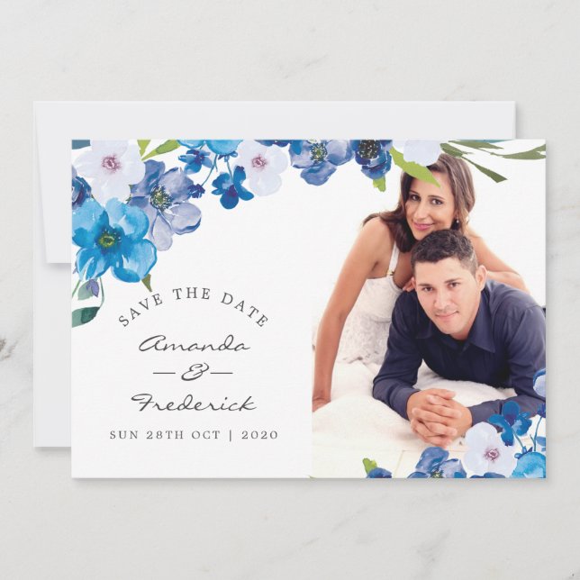 Blue Floral Wedding rettet das Datum Save The Date (Vorderseite)