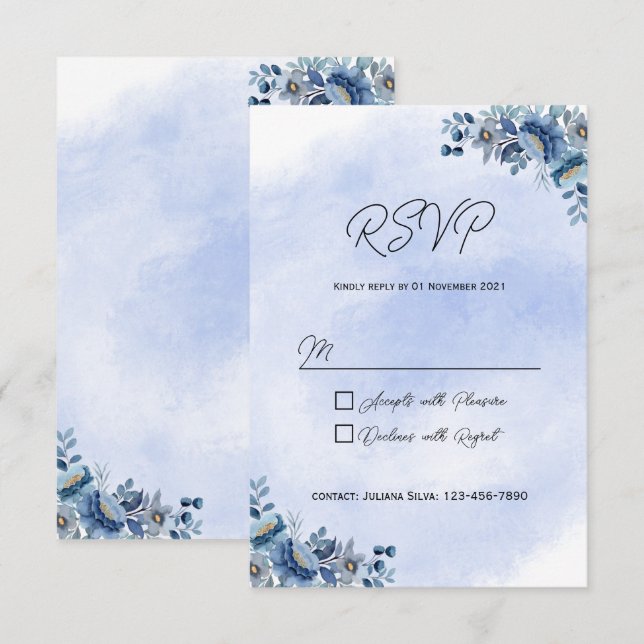 Blue Floral Wedding RSVP Cards (Vorne/Hinten)