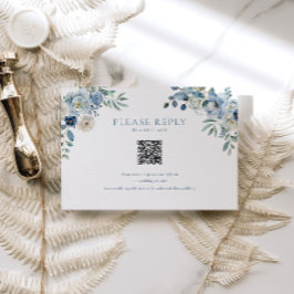 Blue Floral Wedding RSVP QR Code Enclosure Card Dankeskarte