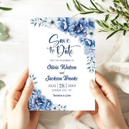 Blue Floral Wedding Save the Date Einladung