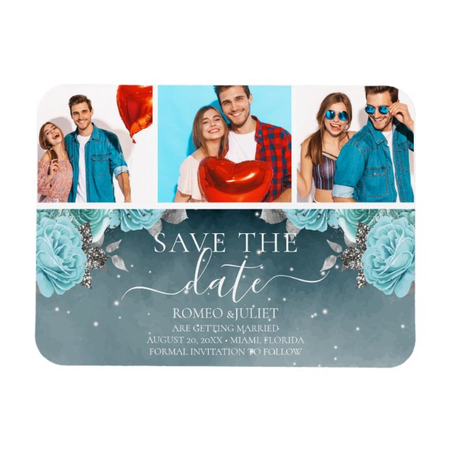 Blue Floral Wedding Save the Date Foto Collage Magnet (Horizontal)