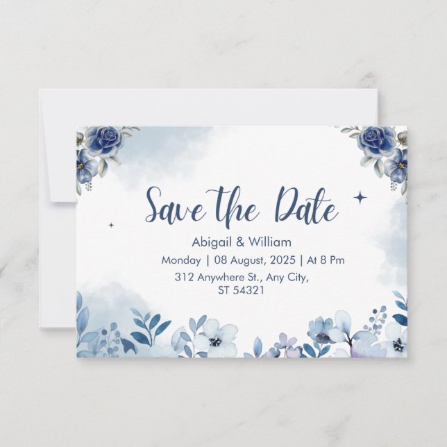 Blue Floral Wedding speichern das Datum der Einlad Save The Date (Vorderseite)