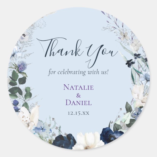 Blue Floral Wedding Vielen Dank Runder Aufkleber (Vorderseite)