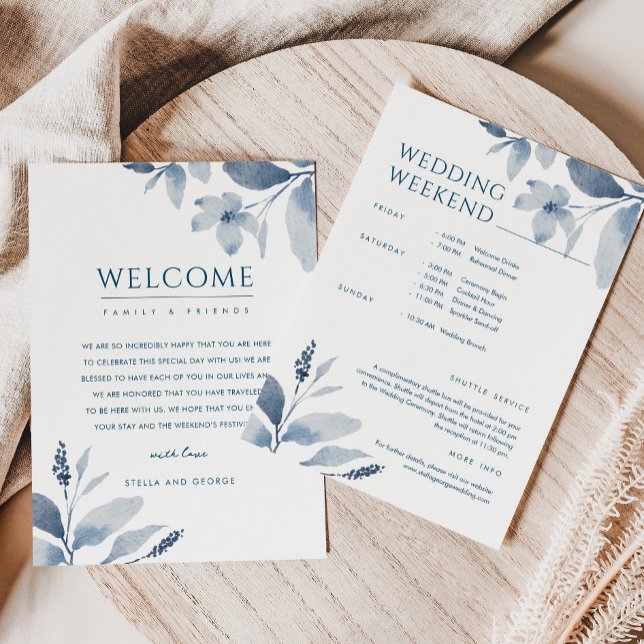 Blue Floral Wedding Welcome & Itinerary Card Einladung (Von Creator hochgeladen)