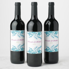 Blue Floral Wedding Wine Bottle Labels Weinetikett