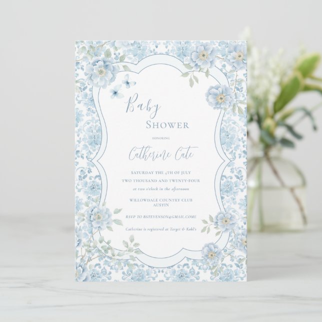 Blue Floral Whimsical Baby Shower  Einladung (Stehend Vorderseite)