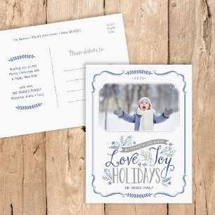 Blue Floral Whimsy Holiday Foto Postkarte