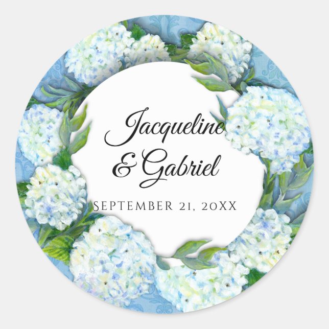 Blue Floral White Hydrangea Leaf Damask Wedding Runder Aufkleber (Vorderseite)