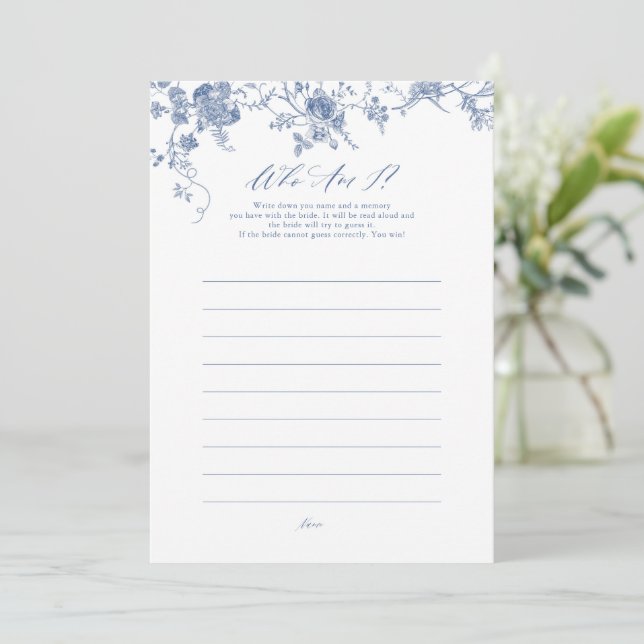 Blue Floral Who I Brautparty Game Cards Einladung (Stehend Vorderseite)