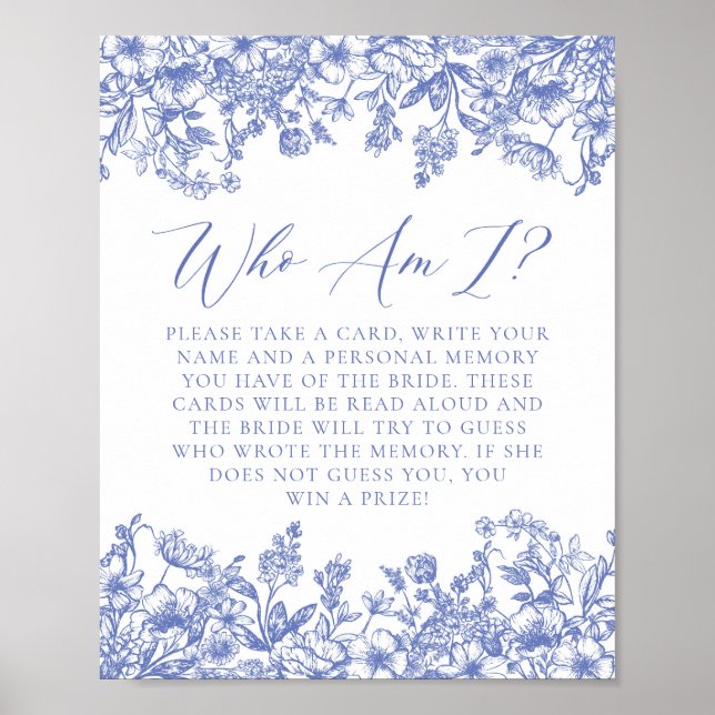 Blue Floral Who I Brautparty Game Sign Poster (Vorne)