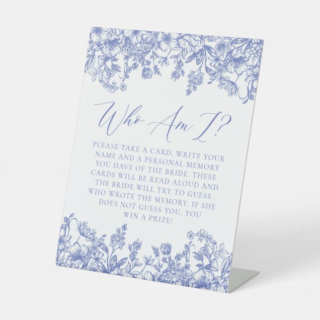 Blue Floral Who I Brautparty Game Sign Sockelschild (Vorderseite)