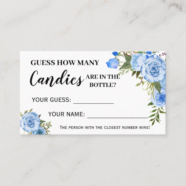 Blue Floral Wie viele Candies Baby Showkarten Platzkarte (Vorderseite)