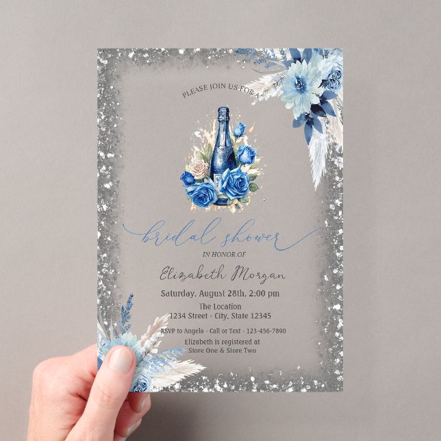 Blue Floral Wine Flasche Glitzer Frame Baby Dusche Acryleinladungen (Insitu (Handheld))