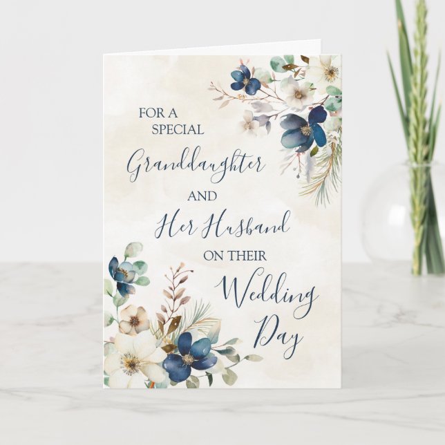 Blue Floral Winter Wedding Day Granddaughter Dankeskarte (Vorderseite)
