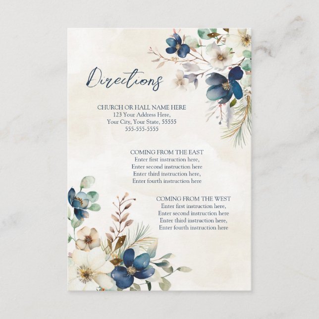 Blue Floral Winter Wedding Direction Insert (Vorderseite)