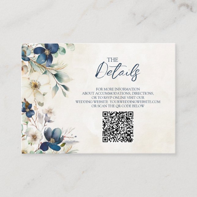 Blue Floral Winter Wedding QR code Details Insert (Vorderseite)