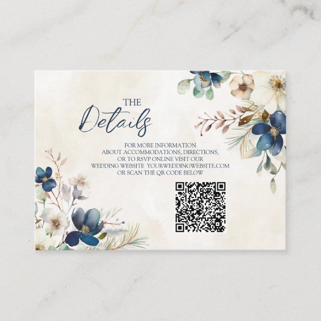 Blue Floral Winter Wedding QR code Details Insert (Vorderseite)