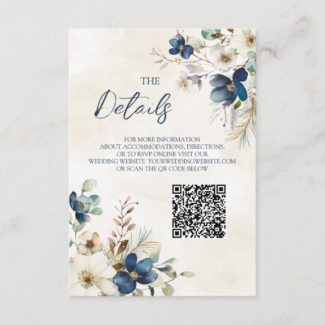 Blue Floral Winter Wedding QR code Details Insert (Vorderseite)