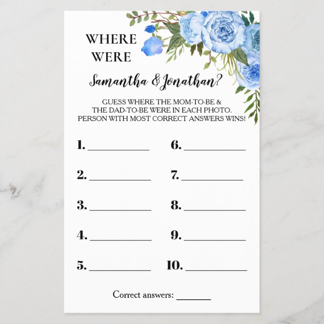Blue Floral Wo waren sie Baby Dusche Spielkarte Flyer (Vorne)