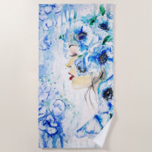 Blue Floral Woman Fantasy Beach Handtuch - Malerei