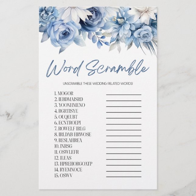 Blue Floral Word Scramble Brautparty Game Briefpapier (Vorderseite)