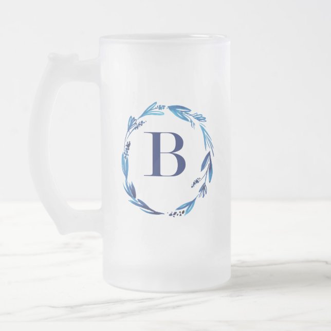 Blue Floral Wreath 'B' Mattglas Bierglas (Links)