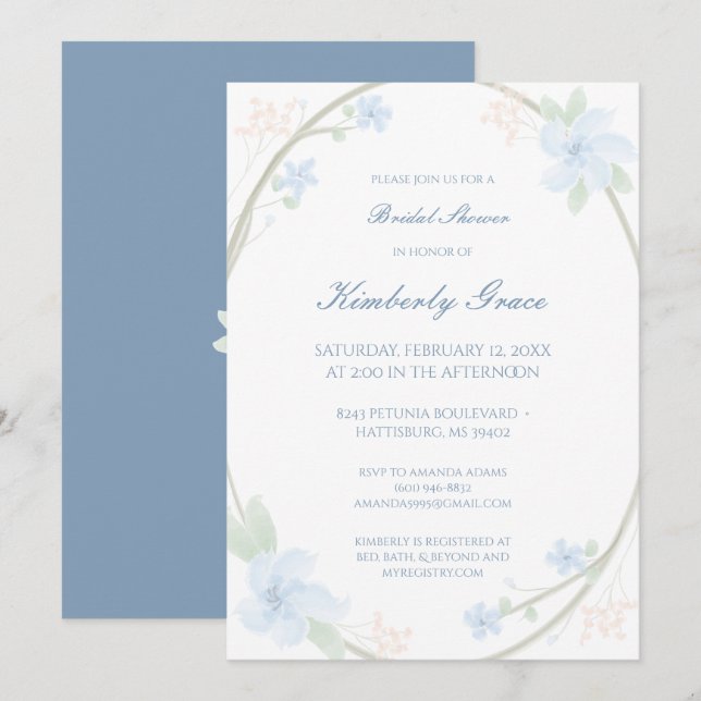 Blue Floral Wreath Brautparty Einladung (Vorne/Hinten)