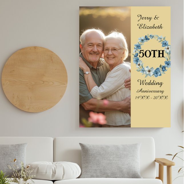 Blue Floral wreath golden year wedding anniversary Fotoplatte (Von Creator hochgeladen)
