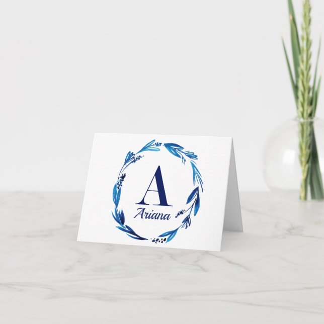 Blue Floral Wreath Monogram 'A' Dankeskarte (Vorderseite)