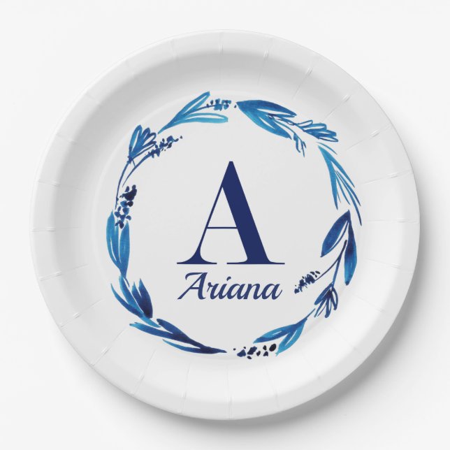 Blue Floral Wreath Monogram 'A' Pappteller (Vorderseite)