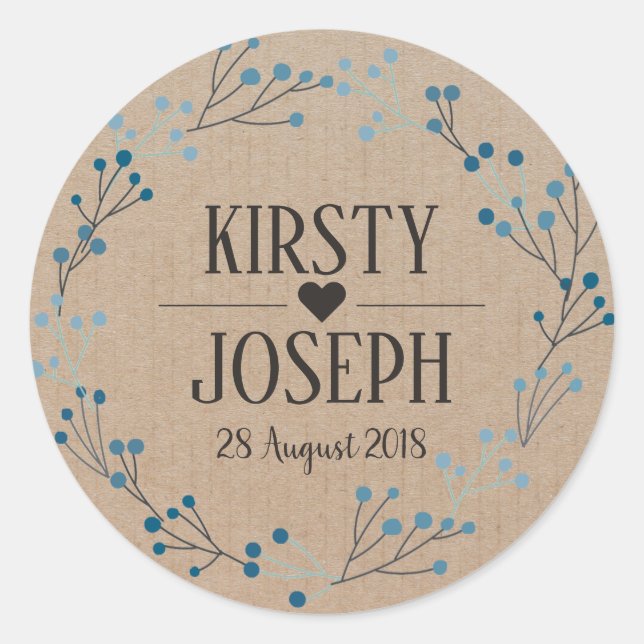 Blue Floral Wreath Monogram Craft Hochzeitsticker Runder Aufkleber (Vorderseite)