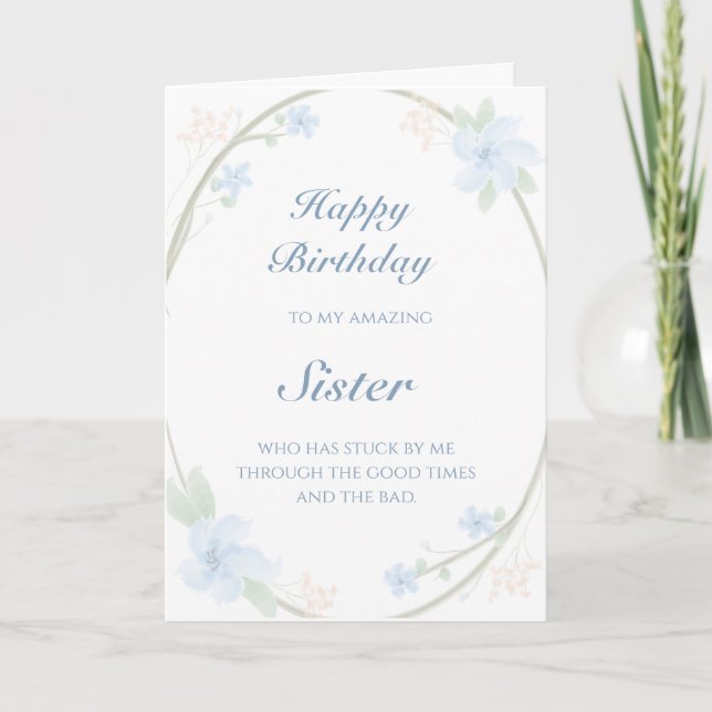 Blue Floral Wreath Schwester Birthday Karte (Vorderseite)