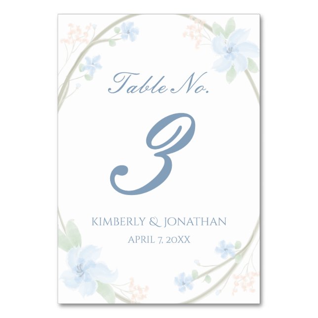 Blue Floral Wreath Tischnummer (Vorderseite)