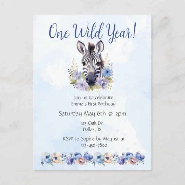 Blue Floral Zebra Birthday Einladungspostkarte (Vorderseite)