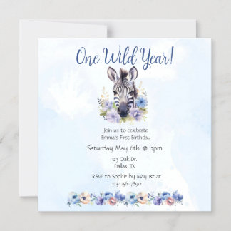 Blue Floral Zebra Birthday Magneteinladung
