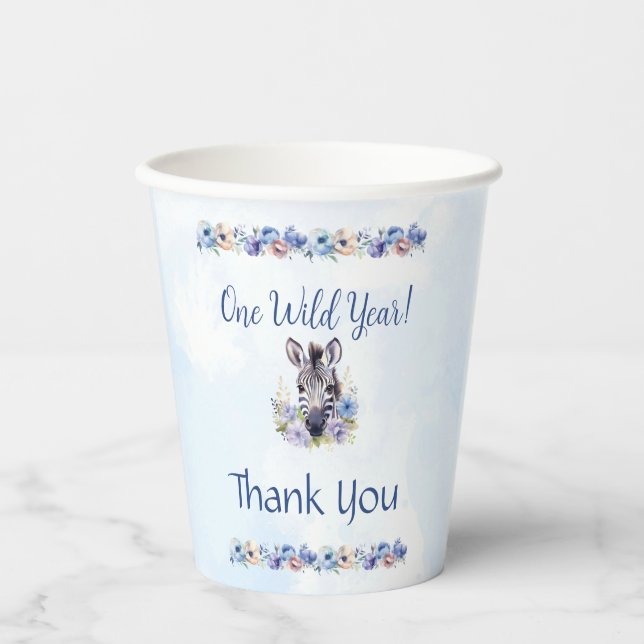Blue Floral Zebra Birthday Pappbecher (Vorderseite)