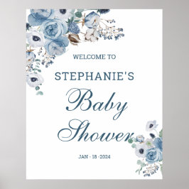 Blue Florals Baby Dusche Begrüßungszeichen Plakatz Poster