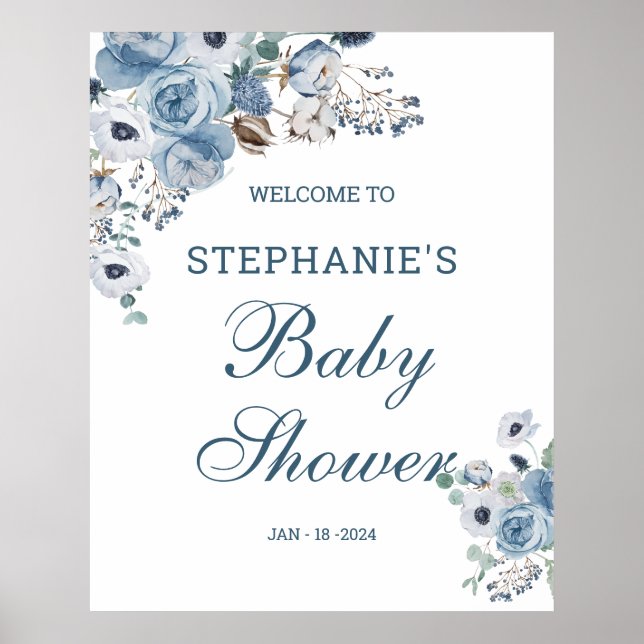 Blue Florals Baby Dusche Begrüßungszeichen Plakatz Poster (Vorne)