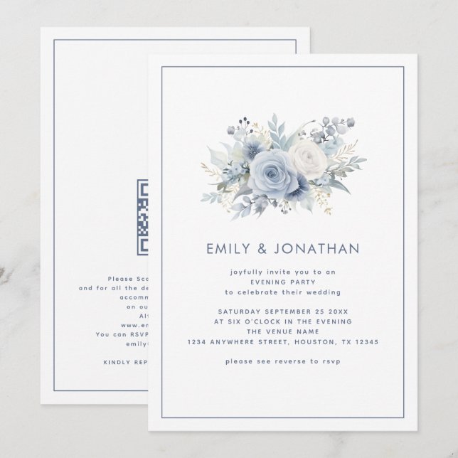 Blue Florals Border QR Wedding Abend Party Einladung (Vorne/Hinten)