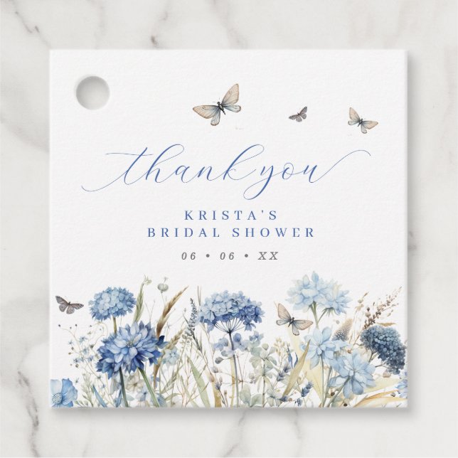 Blue Florals & Butterfets Vielen Dank Brautparty Geschenkanhänger (Vorderseite)