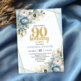 Blue Florals Gold Border 90th Birthday Invitation Einladung
