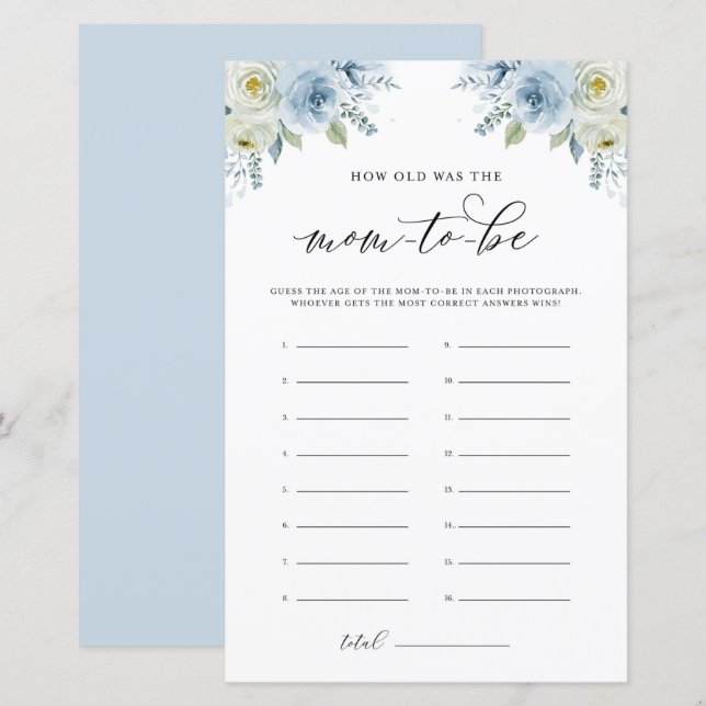 Blue Florals Quel âge a été la carte de jeu Maman- (Devant / Derrière)