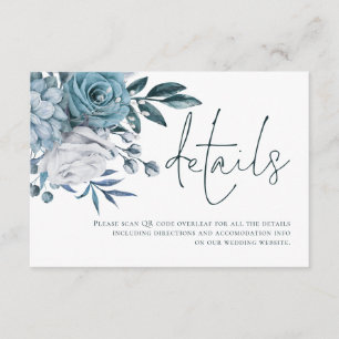 Blue Florals Script QR Code Wedding Details Begleitkarte