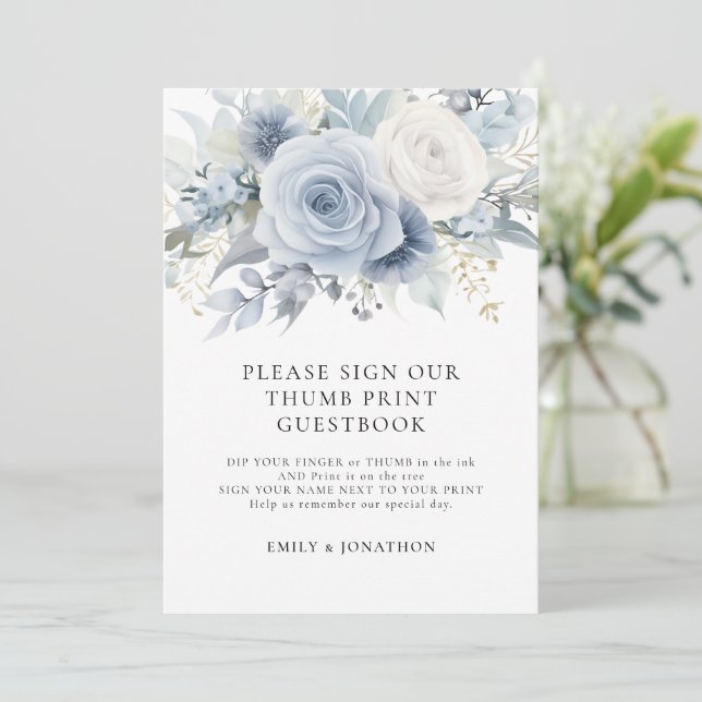 Blue Florals Thumbprint Gästebokarte Einladung (Stehend Vorderseite)