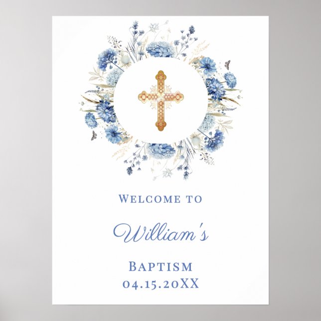 Blue florals wreath boy Baptism welcome Poster (Vorne)