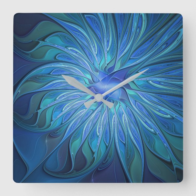 Blue Flower Fantasy Pattern, Abstract Fractal Art Quadratische Wanduhr (Vorderseite)