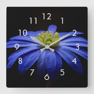 Blue Flower Photo on Black Wall Clock Quadratische Wanduhr