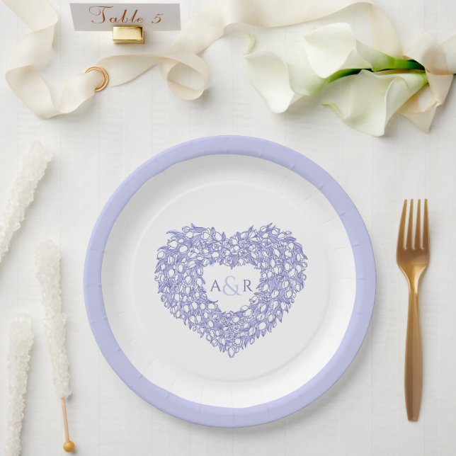 Blue flower wedding tulips heart bouquet monogram pappteller (Hochzeit)