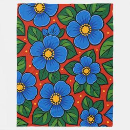 Blue Flowers and Green Leaves on a Red Background Fleecedecke