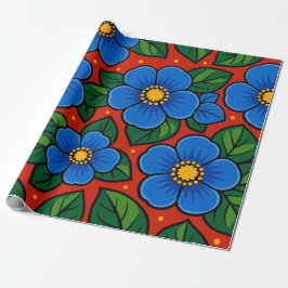 Blue Flowers and Green Leaves on a Red Background Geschenkpapier
